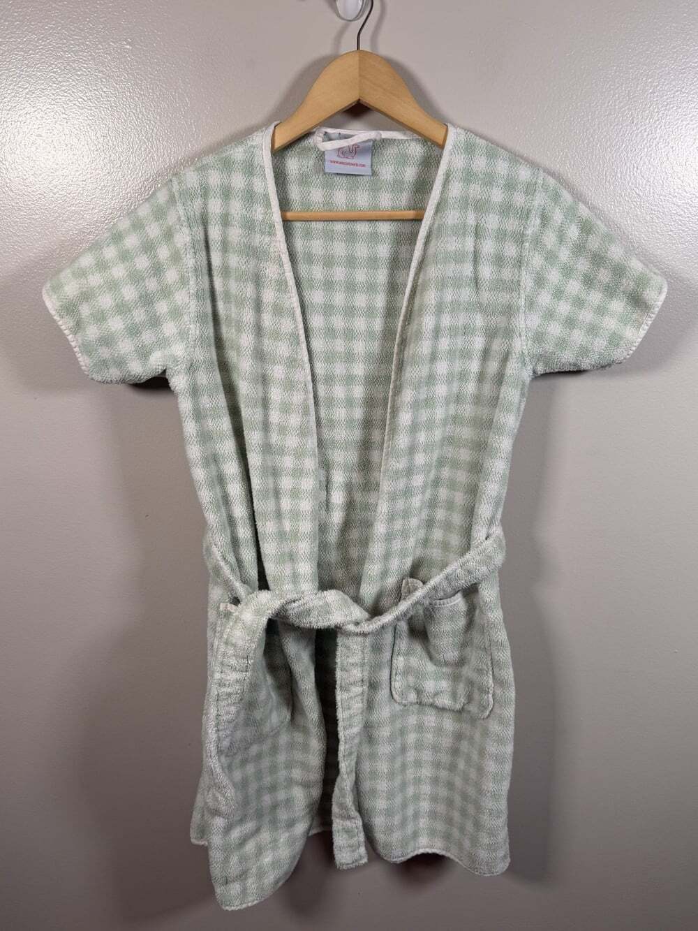 Weezie Towels Robe Womens Size XS Green Gingham Terry Cloth Tie Waist Cotton
